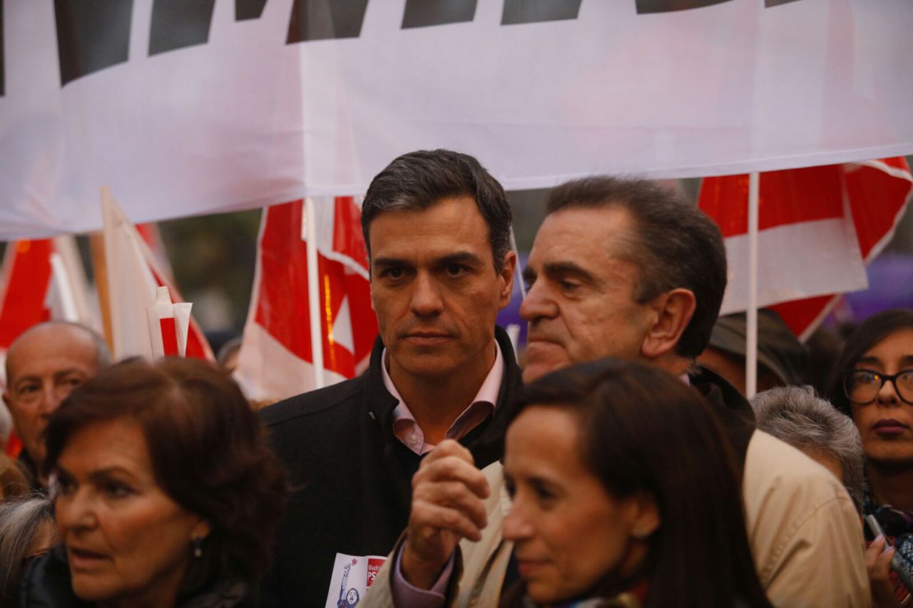 Pedro Sánchez, secretario general del PSOE, y su homónimo regional en Madrid, José Manuel Franco, durante la manifestación.