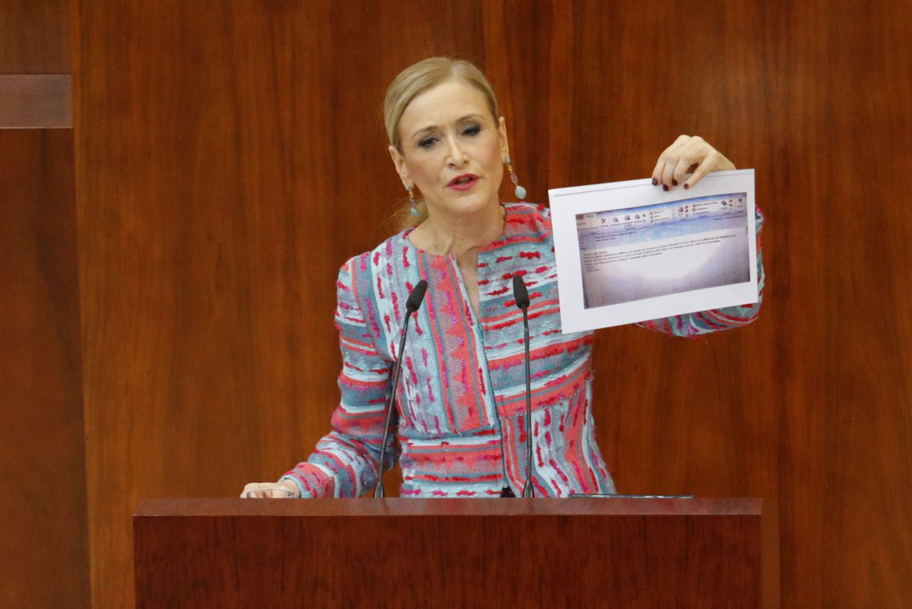 La presidenta de la Comunidad de Madrid, Cristina Cifuentes, comoarece a petición de los grupos de la oposición para que explique las circunstacias de su master en la universidad Rey Juan Carlos.