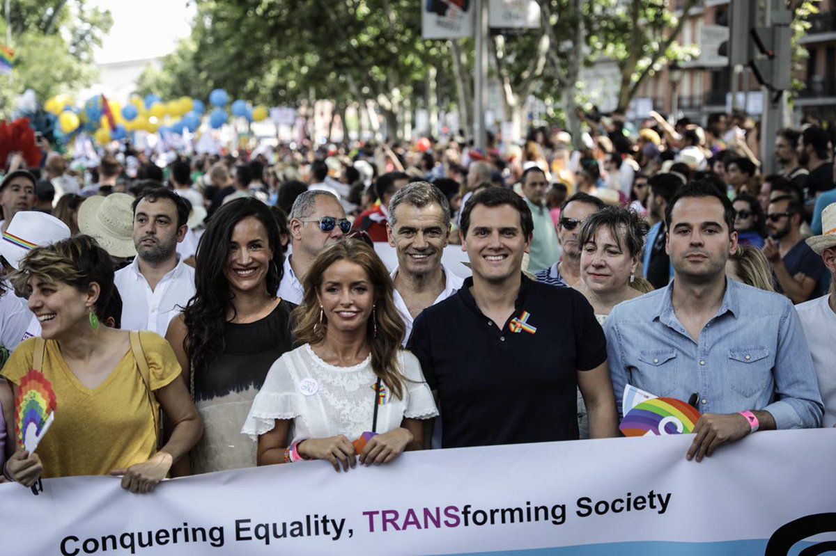 Albert Rivera, Begoña Villacís, Toni Cantó e Ignacio Aguado, representación de C's en la marcha del Orgullo 2018.