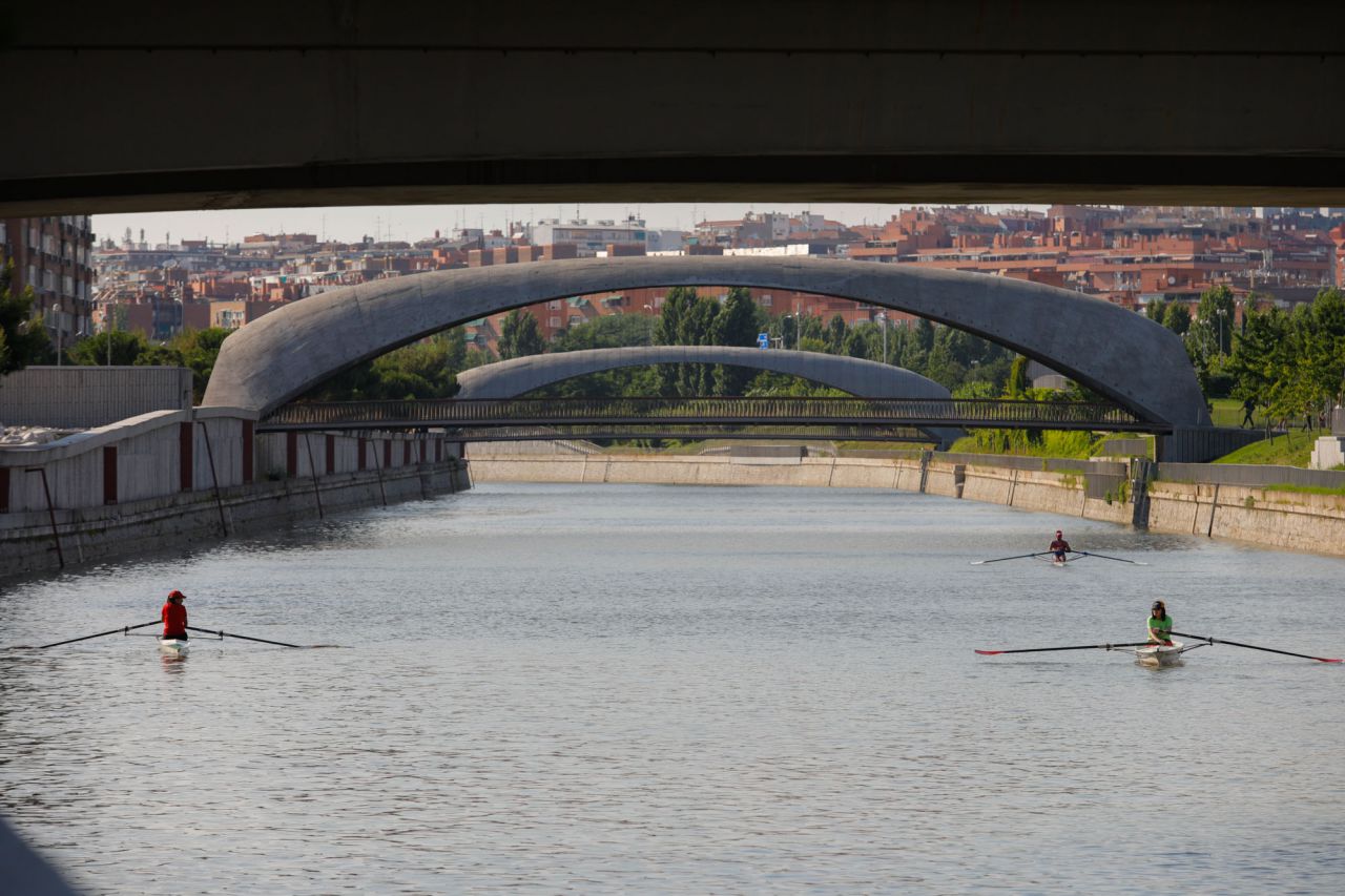 Varios remeros practicando en la aguas del Manzanares.