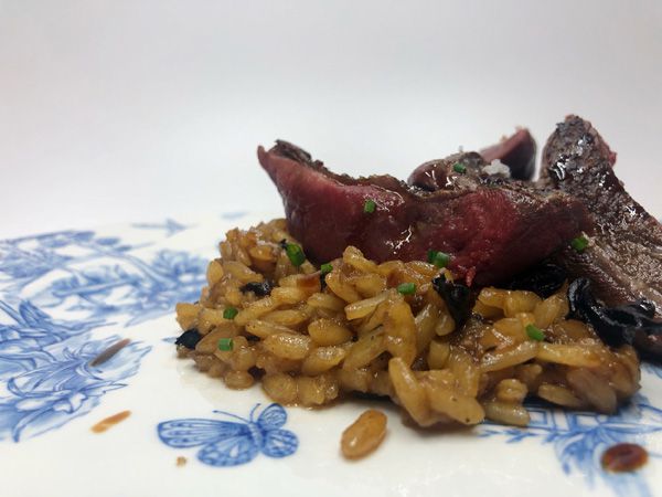 Arroz meloso de paloma torcaz y setas.