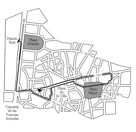 A partir de las 19:00. 
Recorrido: Palacio Real por la Puerta del Príncipe, plaza de Oriente, calle Bailén, calle Mayor, calle Sacramento, plaza del Cordón, calle Cordón, plaza de la Villa, calle Mayor, calle Ciudad
Rodrigo, plaza Mayor, calle Sal, calle Postas, calle San Cristóbal, calle Mayor, calle Sacramento
e iglesia catedral de las Fuerzas Armadas.