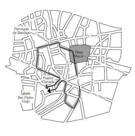 A partir de las 19:00. 
Recorrido: Salida de la iglesia de San Pedro El Viejo (calle del Nuncio, 14), calle del Nuncio, plaza de Puerta Cerrada, calle de San Justo, calle Sacramento, plaza del Cordón, calle del Cordón, plaza de la
Villa, calle Mayor, calle de Ciudad Rodrigo, plaza Mayor, calle Toledo, calle de la Cava Alta,
calle de Grafal, calle San Bruno, calle de la Cava Baja, plaza de Puerta Cerrada y calle del
Nuncio, de vuelta a la iglesia de San Pedro El Viejo.