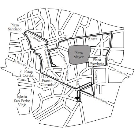 A partir de las 20:00. 
Recorrido: Real colegiata de San Isidro, calle Toledo, calle Colegiata, calle Duque de Rivas, calle
Concepción Jerónima, plaza de Segovia la Nueva, plaza de Puerta Cerrada, calle San Justo,
plazuela del Cordón, calle Cordón, plaza de la Villa, calle Señores de Luzón, plaza y plazuela de
Santiago, calle de Santiago, calle de los Milaneses, plaza de San Miguel, calle del Conde de
Miranda, plazuela del Conde de Miranda (con estación de Penitencia en el convento del
Corpus Christi), plaza Conde de Barajas, calle Maestro Villa, calle Cava de San Miguel, calle
Mayor, calle Esparteros, plaza de Santa Cruz, plaza de las Provincias, calle del Salvador, calle
Concepción Jerónima, y calle Toledo hasta la colegiata de San Isidro.
