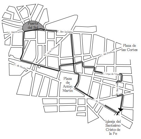 A partir de las 19:00. Recorrido: Salida de la iglesia del Santísimo Cristo de la Fe, calle de Atocha, plaza de Antón Martín, plaza de Santa Ana, calle del Príncipe, carrera de San Jerónimo, Puerta del Sol, plaza de Santa Ana, calle Lope de Vega, calle San José y regreso a la iglesia del Santísimo Cristo de la Fe.