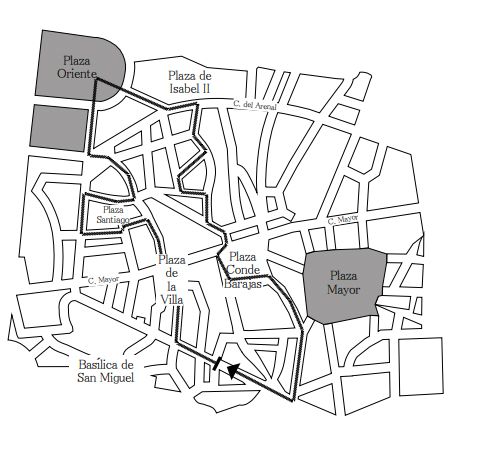 A partir de las 18:30. 
Recorrido: Salida de la Basílica pontificia de San Miguel (calle de San Justo, 4), calle San Justo, calle del Cordón, plaza de la Villa, calle Señores de Luzón, plaza del Biombo, calle Calderón de la Barca,
calle Juan de Herrera, calle San Nicolás, calle Biombo, calle Factor, calle de Rebeque, calle
Noblejas, plaza de Ramales, plaza de Santiago, calle Santa Clara, calle Vergara, plaza de Isabel
II, calle de la Independencia, calle del Lazo, calle de la Unión, calle del Conde de Lemos, calle
del Espejo, calle de Santiago, calle de los Milaneses, plaza de San Miguel, plaza Conde de
Barajas, calle Gómez de Mora y calle San Justo, para concluir en la puerta principal de la
basílica de San Miguel.