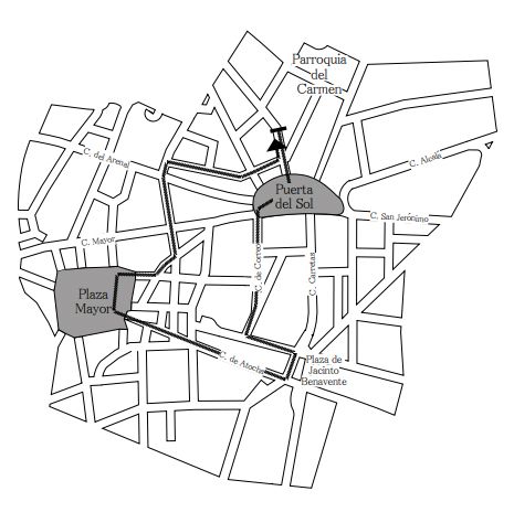 A partir de las 20:15. 
Recorrido: Salida de la Calle de la Salud, calle del Carmen, Puerta del Sol, calle del Correo, plaza de
Pontejos, calle de la Paz, calle de la Bolsa, plaza de Jacinto Benavente (por la confluencia de
Carretas), calle de Atocha (estación de Penitencia en la parroquia de Santa Cruz), plaza de la
Provincia, plaza de Santa Cruz, calle Gerona, plaza Mayor, calle de la Sal, calle de las Postas,
calle de San Cristóbal, travesía del Arenal, calle del Arenal, plaza de Celenque, calle de Tetuán,
calle del Carmen y calle de la Salud.