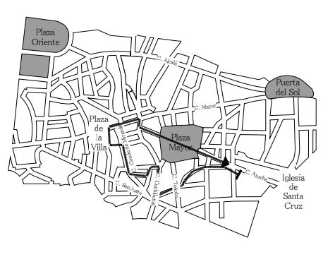 A partir de las 19:00. 
Recorrido: Iglesia de Santa Cruz, calle Atocha, plaza de la Provincia, calle Gerona, plaza Mayor, calle
Toledo, calle Latoneros, calle Cuchilleros, calle Maestro Villa, plaza Conde de Barajas, calle
Conde de Miranda, plaza Conde de Miranda (estación de Penitencia a las 20:30 horas en el
monasterio de las RR. MM. Jerónimas del Corpus Christi - Carboneras), calle Codo, plaza de la
Villa (encuentro a las 21:00 horas con el Santísimo Cristo de la Fe - Cristo de Los Alabarderos),
calle Mayor, calle Ciudad Rodrigo, plaza Mayor, calle Gerona, plaza Provincia, calle Atocha e
iglesia de Santa Cruz.