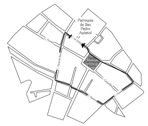 A partir de las 19:00. 
Recorrido. Parroquia de San Pedro Apóstol, calle Orión, calle Canal de Suez, calle Saturno, calle Duque, calle Aries, plaza Hermanos Falcó y parroquia de San Pedro Apóstol.