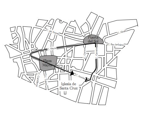 A partir de las 20:30. 
Recorrido: Iglesia de Santa Cruz, calle Atocha, plaza de Jacinto Benavente, calle Carretas, Puerta del Sol,
calle Mayor, calle Ciudad Rodrigo, plaza Mayor, calle Gerona, plaza de la Provincia, calle
Atocha e iglesia de Santa Cruz.