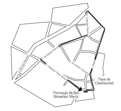 A partir de las 19:00. 
Recorrido: Iglesia del Santísimo Cristo de la Fe (calle Atocha, 87 bis), calle Atocha, plaza de Antón Martín, plaza de Matute, calle Huertas, calle Príncipe, plaza de Canalejas, Carrera de San Jerónimo,
Puerta del Sol, calle del Correo, calle de la Paz, calle de la Bolsa, plaza de Jacinto Benavente,
plaza del Ángel, plaza de Santa Ana, calle Prado, calle Echegaray, calle Infante, calle León, calle
Lope de Vega (estación de Penitencia en el convento de San Ildefonso de las M.M. Trinitarias
Descalzas), Costanilla de las Trinitarias, calle San José, calle Moratín, Costanilla de los
Desamparados e iglesia del Santísimo Cristo de la Fe.