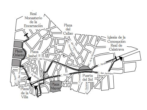 A partir de las 16:30. 
Recorrido: Iglesia de la Concepción Real de Calatrava (16 :30 horas), calle Alcalá, Puerta del Sol, calle Arenal, calle de Bordadores, calle Mayor, plaza de San Miguel, plaza del Conde de Miranda,
calle del Codo, plaza de la Villa, encuentro con la imagen del Cristo Yacente que sale del Real
Monasterio de la Encarnación, calle Mayor, Puerta del Sol, Carrera de San Jerónimo, plaza de
Canalejas, calle Cedaceros, calle Alcalá e iglesia de la Concepción Real de Calatrava.
16:45 H. - Paso del Santísimo Cristo Yacente: Real monasterio de la Encarnación, plaza de la
Encarnación, calle San Quintín, calle Pavía, plaza de Oriente, calle Lepanto, plaza de Ramales,
plaza de Santiago, calle de Señores de Luzón, calle Mayor, plaza de la Villa, donde se producirá
el encuentro y se unirá a la procesión de la Soledad (18:15 horas).