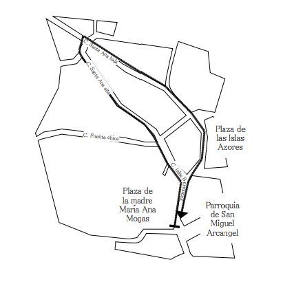A partir de las 11:00. 
Recorrido: Parroquia de San Miguel Arcángel, calle Islas Bermudas, calle Dos Ríos, calle Santa Ana Baja, calle Santa Ana Alta, calle Veintiocho de marzo, calle Islas Bermudas y entrada al templo
parroquia.