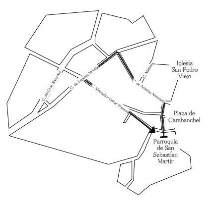 A partir de las 21:00. 
Imagen: Santísimo Cristo de la Misericordia y El Perdón.
Recorrido: Plaza de la Parroquia, plaza de Carabanchel, calle Antonia Antoranz, calle Eugenia de Montijo, calle Monseñor Óscar Romero y plaza de la Parroquia.