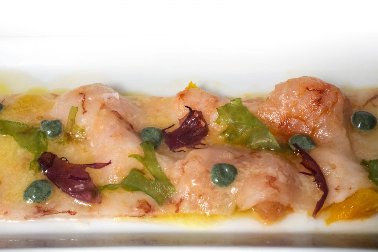 El chef querido plasmar esa fascinación del artista por el Mediterráneo con un Carpaccio de gamba blanca con algas y cítricos de Valencia.