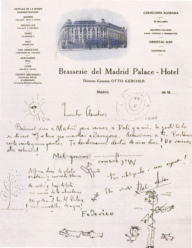 Una carta de la Brasserie del Hotel firmada por Federico García Lorca, Salvador Dalí y Luis Buñuel