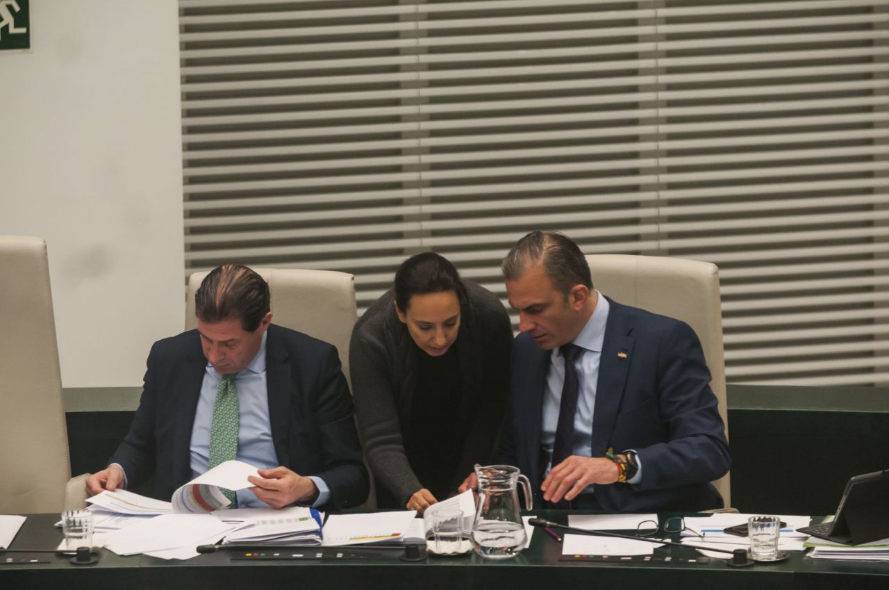 Mercedes González (PSOE), con Ortega Smith y Pedro Fernández Vicente (Vox).