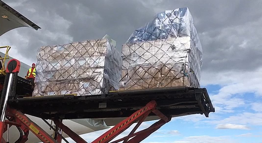 Llegada del avión con material sanitario comprado por la CAM desde China