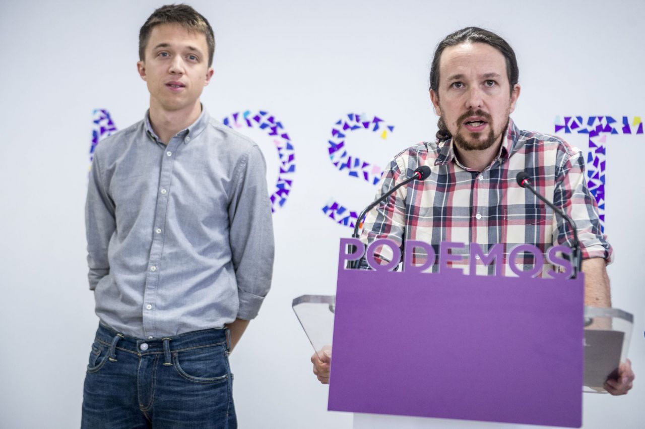 Íñigo Errejón y Pablo Iglesias, en una rueda de prensa conjunta.