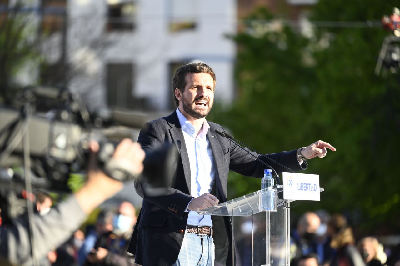 Pablo Casado, presidente del PP, durante el acto de inicio de campaña electoral para las elecciones del 4M