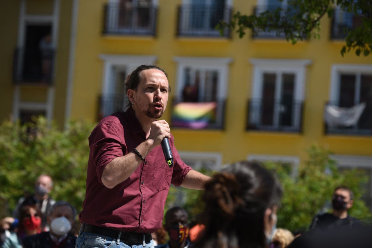 Pablo Iglesias, candidato de Unidas Podemos a la presidencia de la Comunidad de Madrid, durante un acto de campaña en Lavapiés.