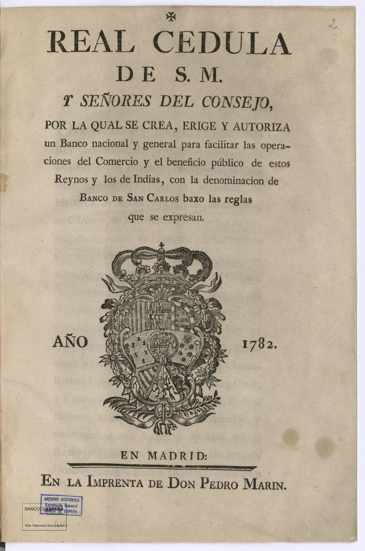 Real Cédula por la que se autoriza la creación del Banco de San Carlos