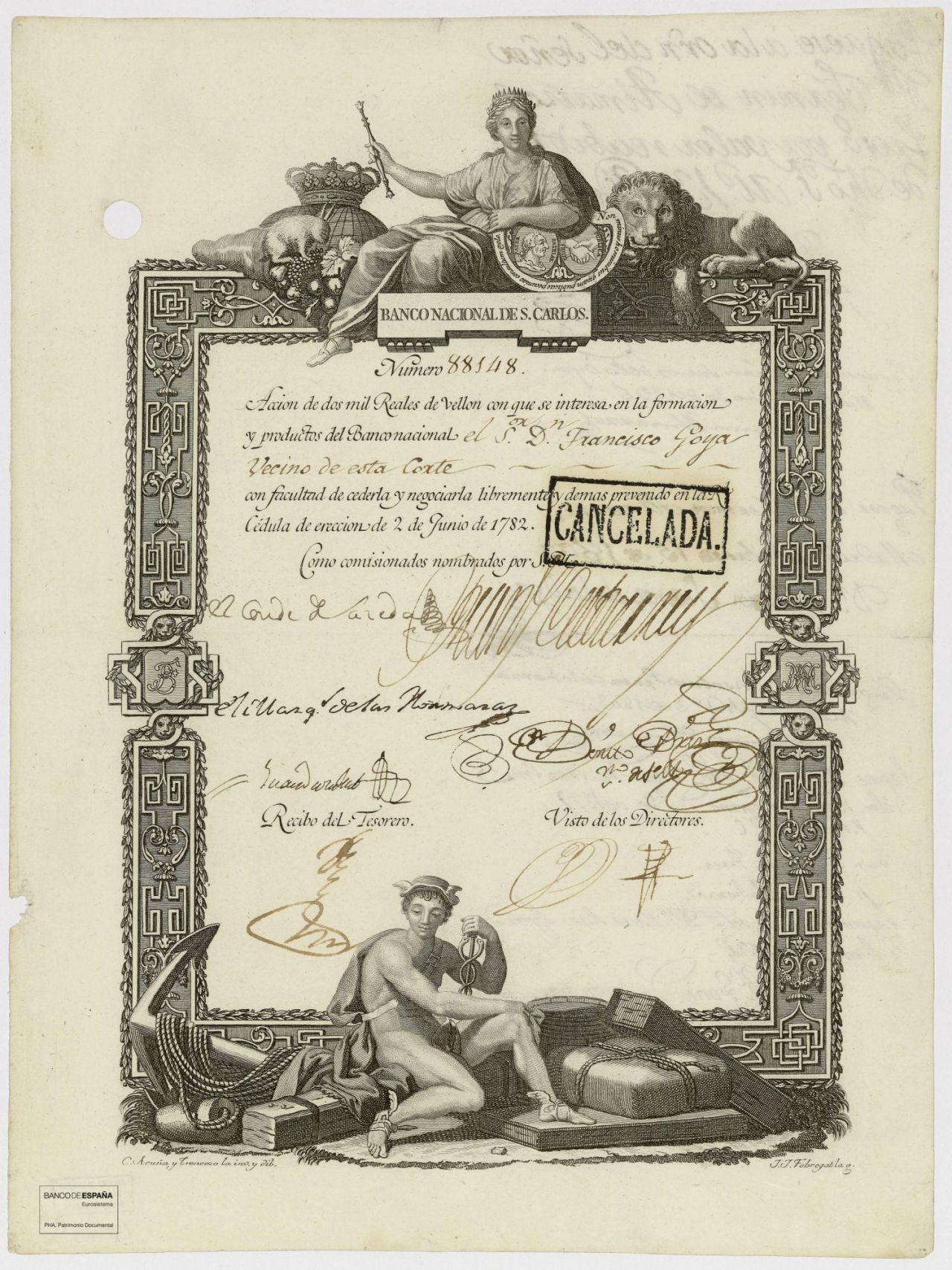 Acción del Banco de San Carlos a nombre de Goya, 1784