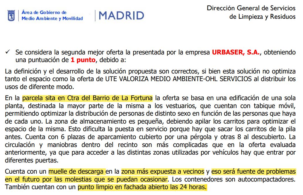 Informe Técnico del ayuntamiento sobre el cantón de limpieza