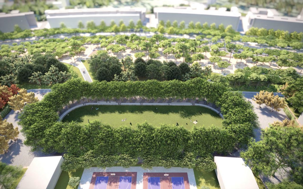Cubierta verde que recubrirá la plataforma que soterra la M-30 a su paso por el antiguo estadio Vicente Calderón.