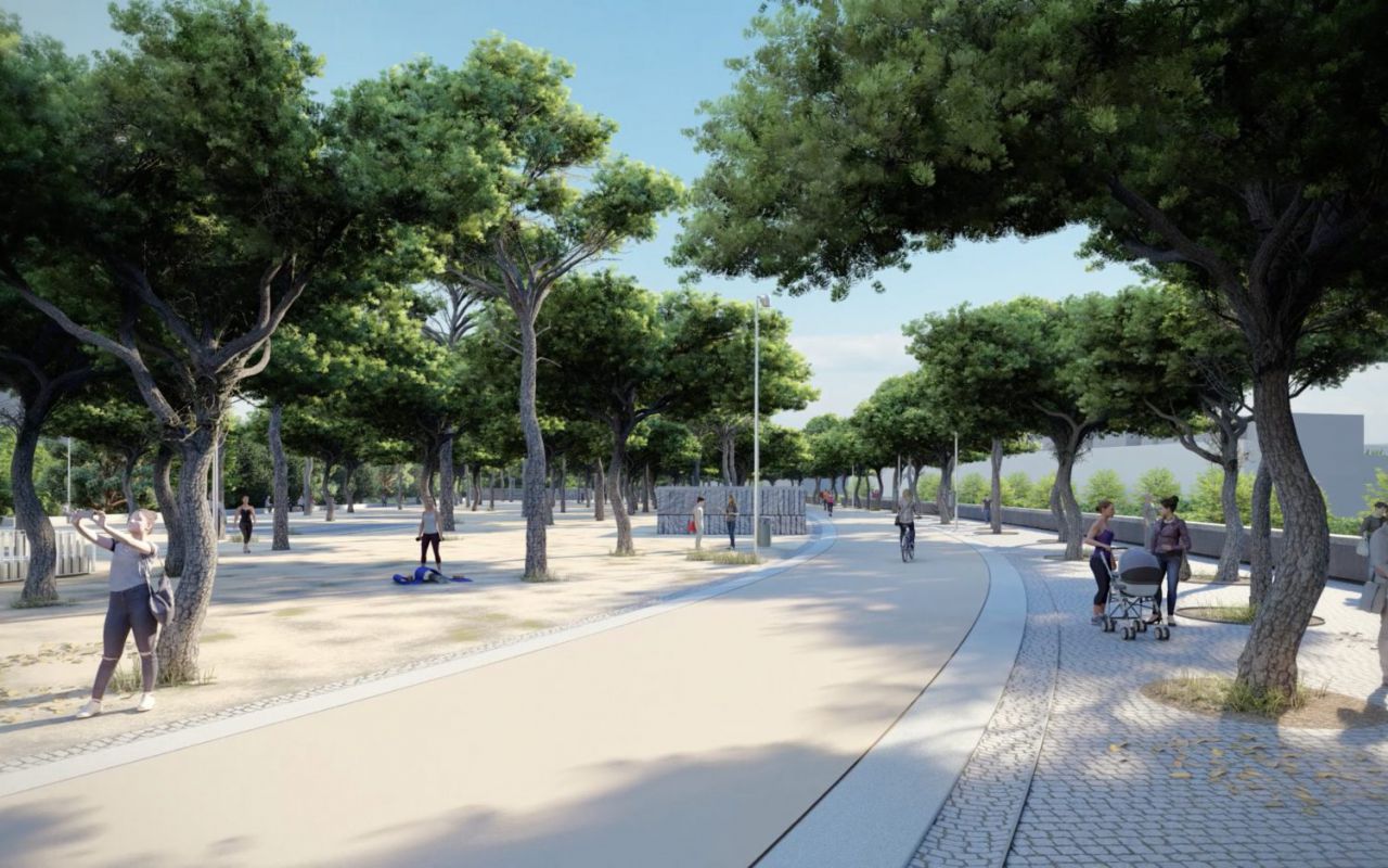 Cubierta verde que recubrirá la plataforma que soterra la M-30 a su paso por el antiguo estadio Vicente Calderón.