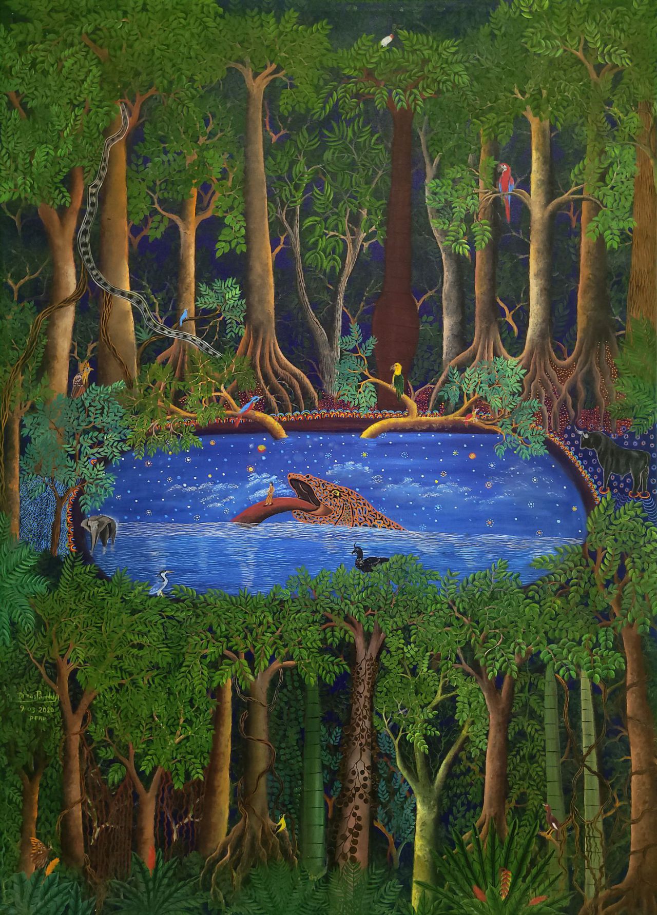 El lago prohibido. Dimas Paredes, 2020. Pintura. Acrílico sobre lienzo. Cortesía del artista y de la Colección Hochschild Correa.
