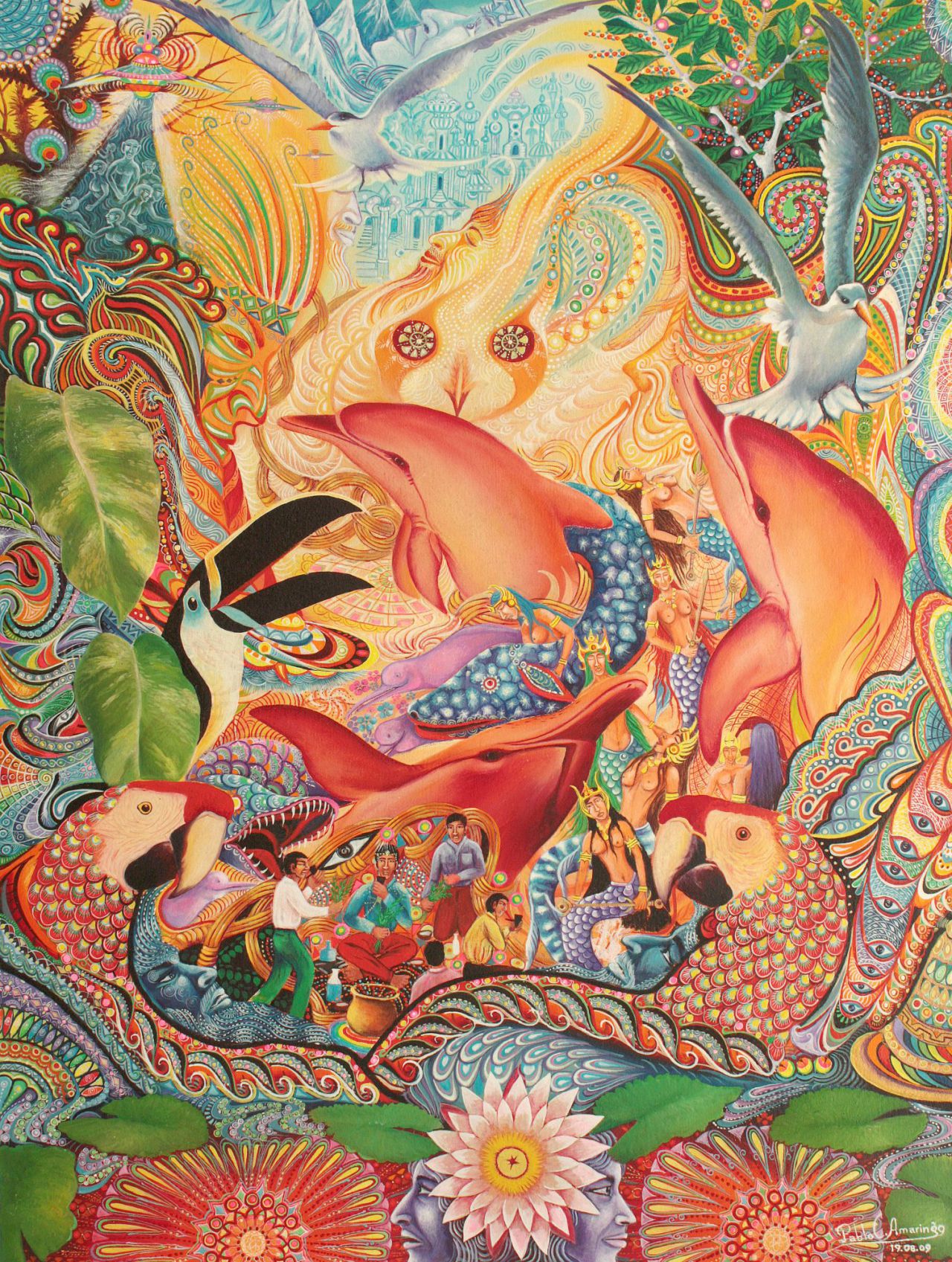 La danza de los puca bufeos. Pablo César Amaringo Shuña, 2009. Pintura. Óleo sobre lienzo. Cortesía del artista y de la Colección Hochschild Correa.