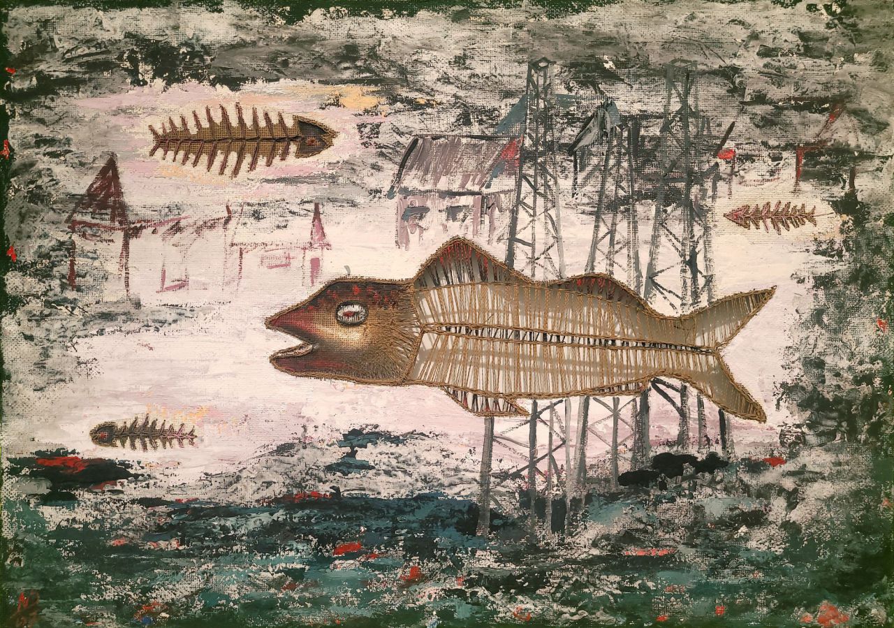 Río Corrientes. Nancy Dantas, 2007. Óleo y tejido sobre yute.
Cortesía de la artista y de la Colección Hochschild Correa.