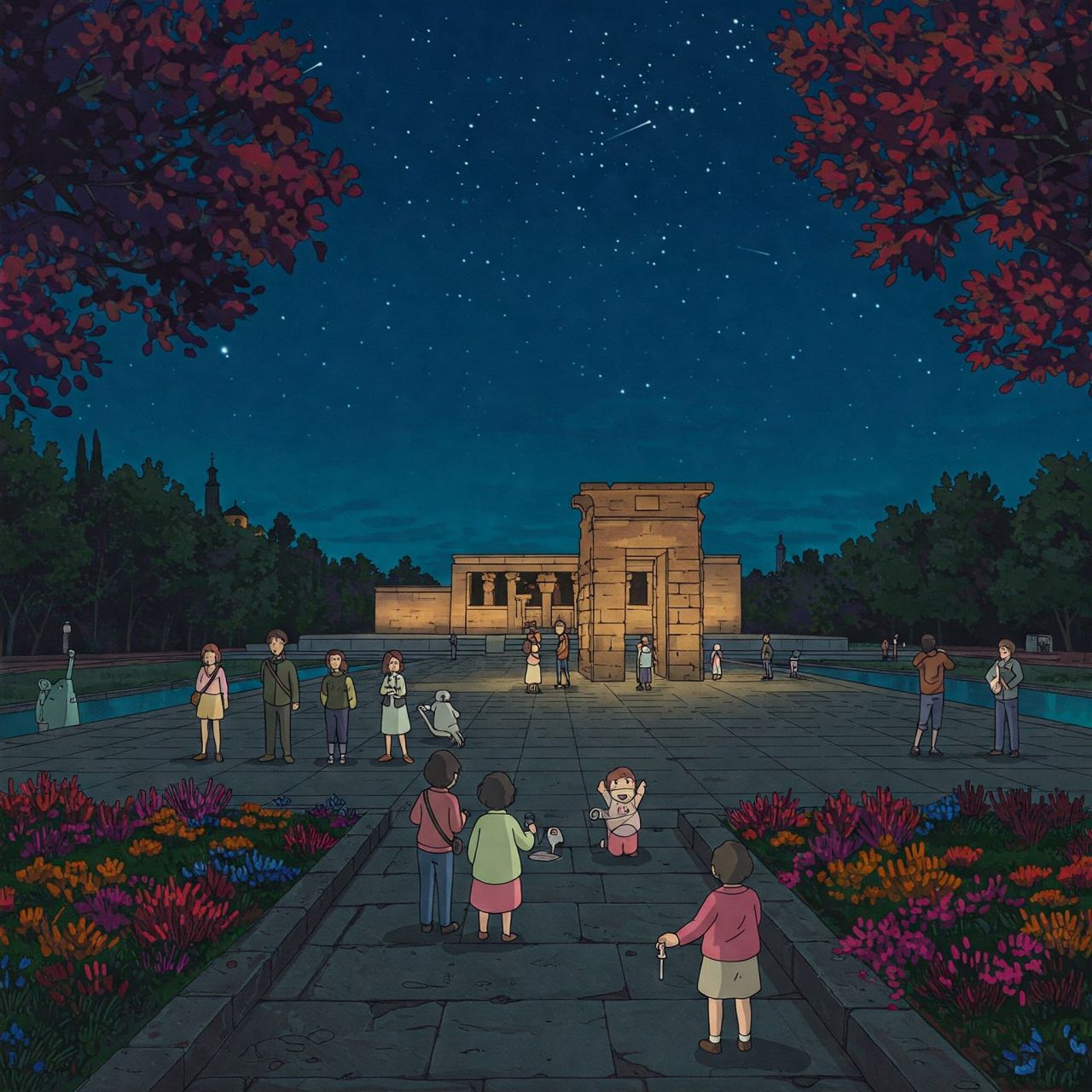 El Templo de Debod si fuese un escenario de una película de Studio Ghibli, según la IA