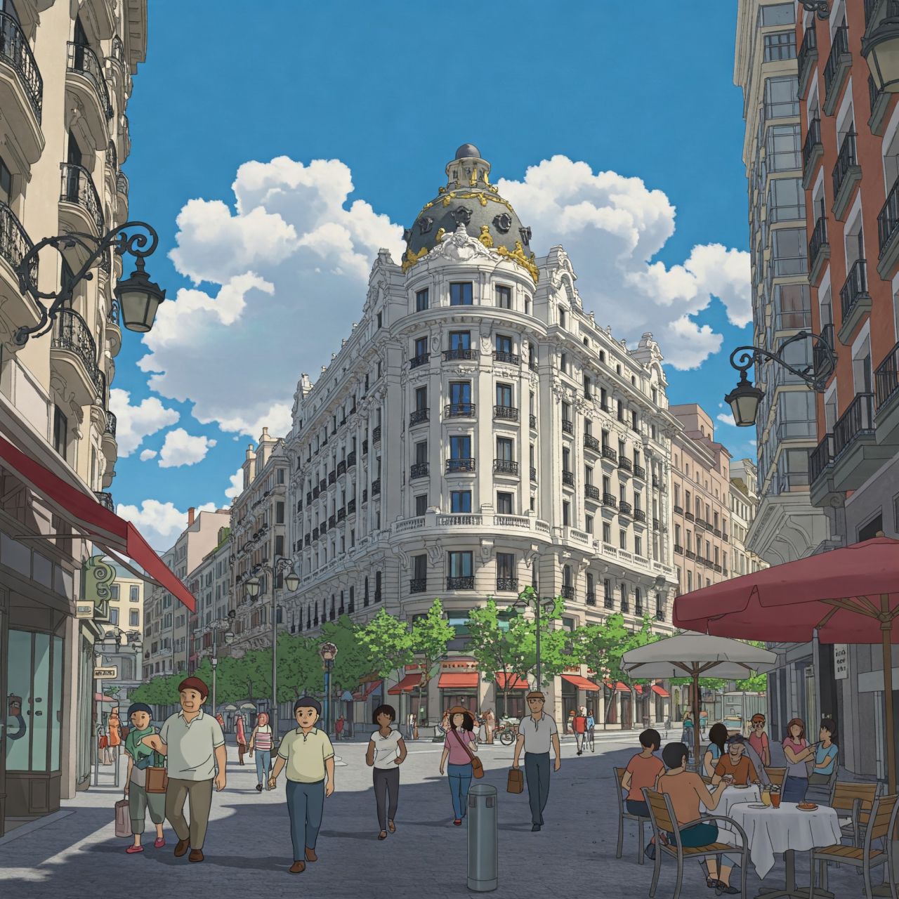 La Gran Vía si fuese un escenario de una película de Studio Ghibli, según la IA