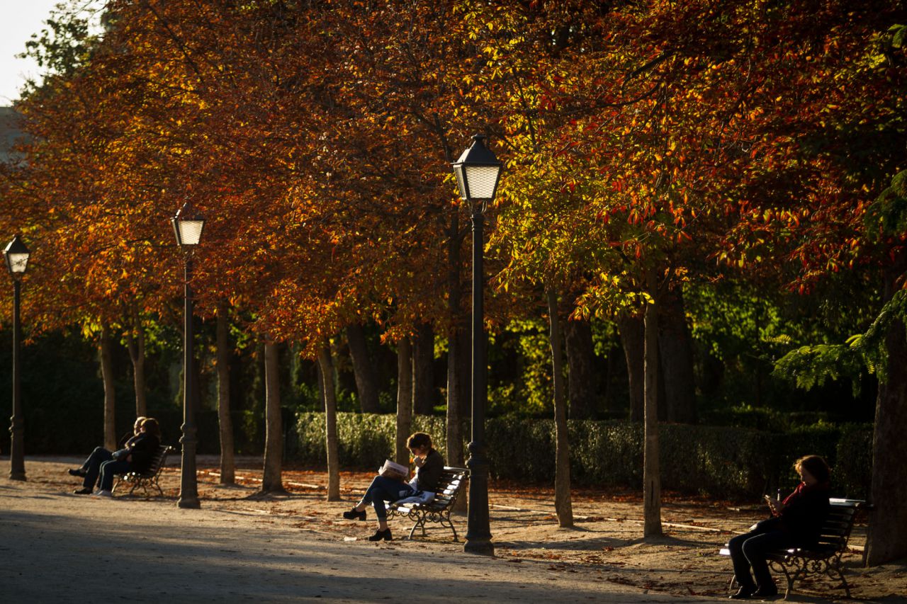 Leer un libro o simplemente descansar en un banco de El Retiro son actividades típicas del otoño madrileño.