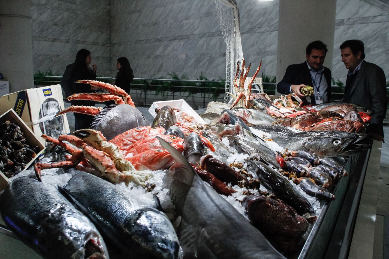 Muestra de varios pescados en el stand de Makro.