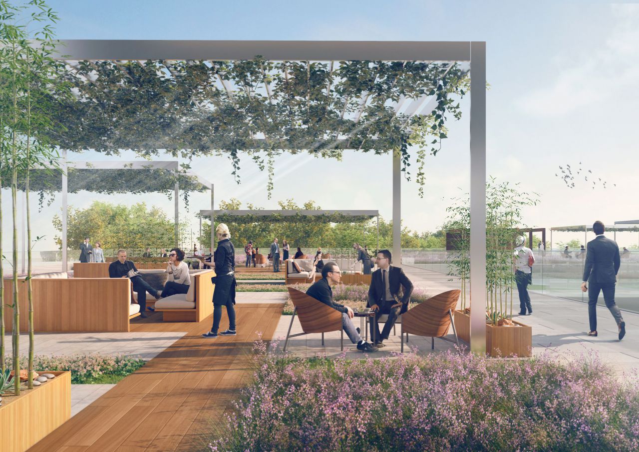 Recreación del rascacielos Caleido, la quinta torre de la Castellana, y sus zonas aledañas.