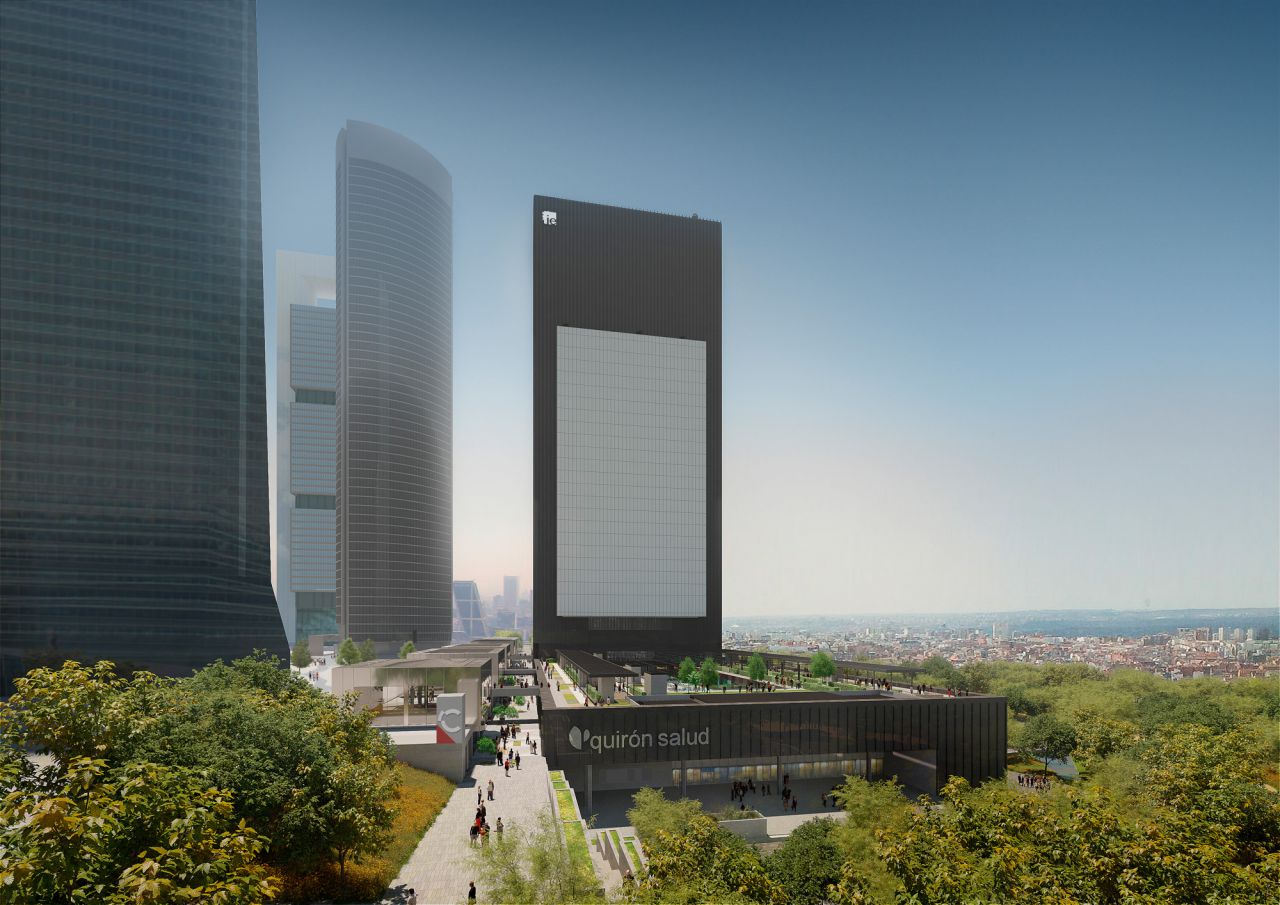 Recreación del rascacielos Caleido, la quinta torre de la Castellana, y sus zonas aledañas.