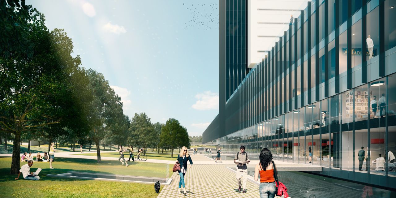 Recreación del rascacielos Caleido, la quinta torre de la Castellana, y sus zonas aledañas.