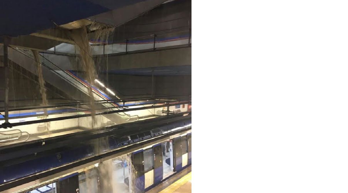 La Línea 7 con ríos de agua cayendo sobre los vagones