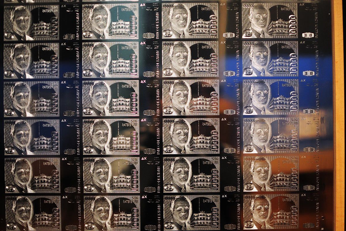 Plancha de impresión de billetes de 1000 pesetas con la cara del rey