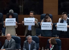 IU saca carteles de 'referéndum ya' en el Pleno de la Asamblea