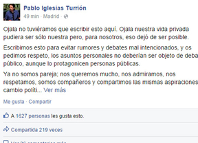 Pablo Iglesias y Tania Sánchez anuncian su ruptura por Facebook