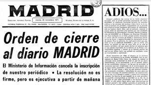 Portada del Diario Madrid, en su último número.