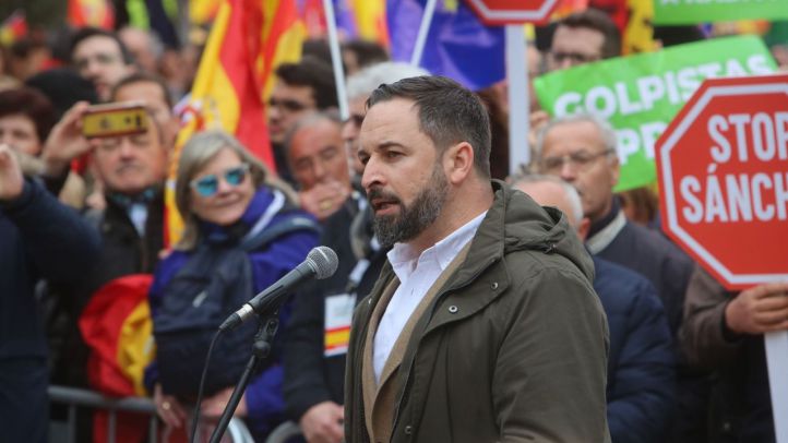 Santiago Abascal, durante la manifestación en Colón 'Por una España unida'.