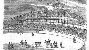 Grabado de la montaña rusa y plaza de toros de los Campos Elíseos de Madrid en 'Un concierto en los Campos Elíseos', en El Periódico Ilustrado (Siglo XIX).