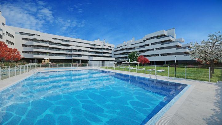 Recreación de cómo será Orellana II, con la piscina como elemento principal de sus zonas comunes.