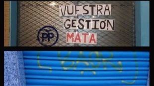 Las sedes del PP de Moratalaz y Barajas amanecen pintadas
