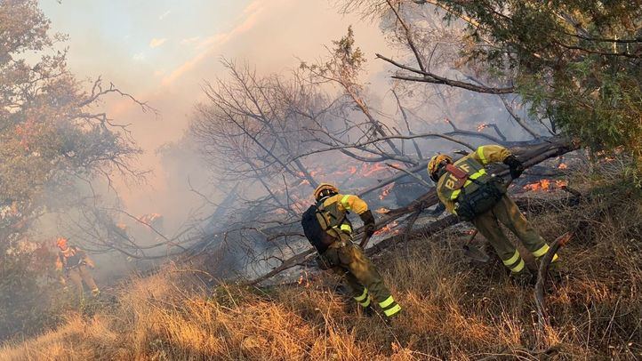 Los Bomberos de la Comunidad de Madrid trabajan en el incendio del Pantano de San Juan.